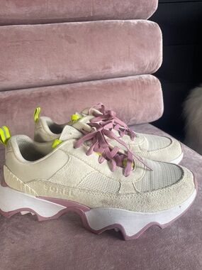 Sorel Kinetic Beige Sneakers with Pink & Neon Yellow Accents